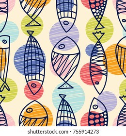 Line seamless pattern with cute ornamental fish. Sea background.