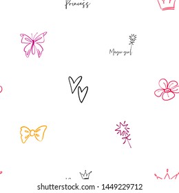 Line seamless pattern with cute princess doodles. Hand drawn art with crown, magic girl text, princess crown text, flower, bow, butterfly, magic wand, heart. Linear design on white background.