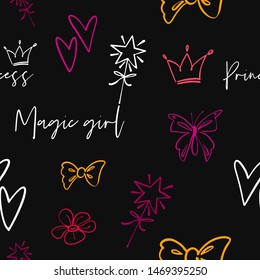 Line seamless pattern with cute princess doodles. Hand drawn art with crown, magic girl text, princess crown text, flower, bow, butterfly, magic wand, heart. Linear design on black background.