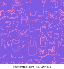Line seamless pattern, doodle style on a purple background. Hand drawn pink outline of children's clothing, suit, bib, hat, ribbon. Vector illustration.