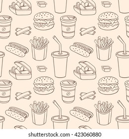 Line seamless pattern with fast food. Vector sketch background.