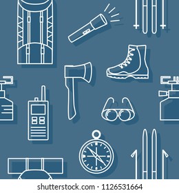 Line seamless pattern with mountaineering theme. Equipment and tools for hiking, mountaineering, tourism, rock climbing and other outdoor activities in nature.