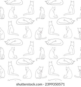 Line seamless pattern with realistic cats in different poses, pet doodle, animal background with outline design