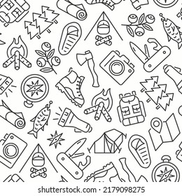 Сamping line seamless pattern. Tourism vector background include compass, backpack, berry, forest, fish, camera, pocket knife, tent, boot. 