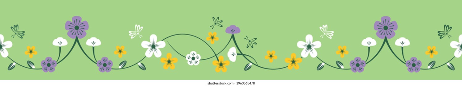 Line of seamless, repeating floral pattern with abstract purple, white and yellow flowers and butterflies connected by a thin black line on a light green background. Spring tender vector template.