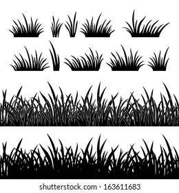 Line seamless and set of grass, element for design, black silhouette isolated on white background. Vector