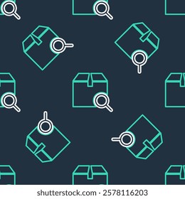 Line Search package icon isolated seamless pattern on black background. Parcel tracking symbol. Magnifying glass and cardboard box. Logistic and delivery.  Vector