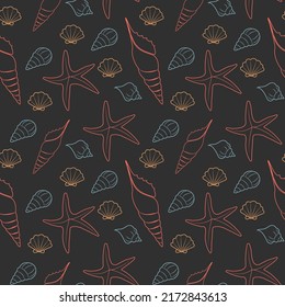 Fondo de la línea de conchas. Patrón negro sin foco. Ilustración de vectores oceánicos.