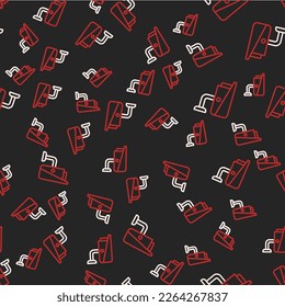 Line Security camera icon isolated seamless pattern on black background.  Vector