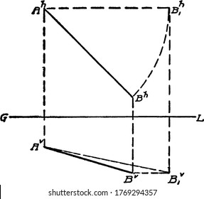 Line segment GL passing through some geometric shape, vintage line drawing or engraving illustration.