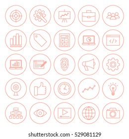 Line SEO Circle Icons. Vector Illustration of Outline Web Development Objects.