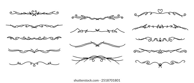 Line separators set. Fancy dividers. Flourishes elegant decorative dividers, hand drawn line ornaments. Vintage vector border lines. Doodle linear separators set. For books, invitations, certificates.