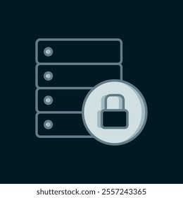 Line Server security with closed padlock icon isolated on black background. Database and lock. Security, safety, protection concept. Flat filled outline style with shadow. Vector