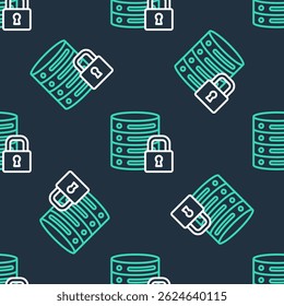 Line Server security with closed padlock icon isolated seamless pattern on black background. Security, safety, protection concept.  Vector