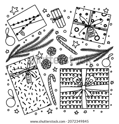 Line set of christmas or new year presents and other stuff
