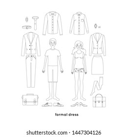 Line set of clothes for man and woman: shirt, jacket, tie, skirt, pants, shoes, bag, wrist watch. Formal style (high coefficient of conservatism). Professional wardrobe.