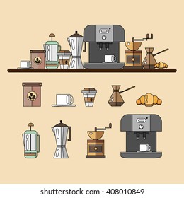 Line Set of coffee devices in flat style. Coffee icons - vector illustration. Line Set for coffee shop. Device for making coffee.