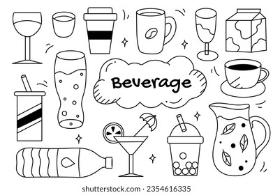 Line set Different beverages in cartoon style. Captivating black and white illustration set that beautifully captures different beverages. Vector illustration.