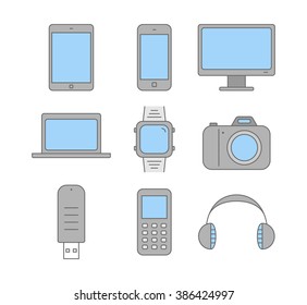 Line set of electronic gadgets. Vector tablet, smart phone, monitor, laptop, notebook, clock, camera, flash drive, mobile phone and headset.