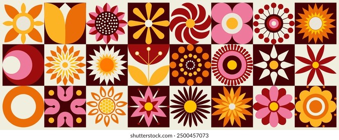 Line set of flowers. Summer collection of colorful flowers. Sunflower, chrysanthemum, gerbera, chamomile, narcissus. Growing concept. Fresh blooming elements. Flat design. Mosaic style. Vector patte