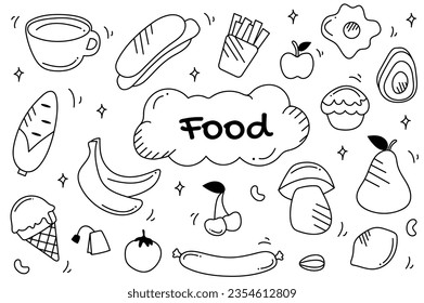 Line set Food in cartoon design. Captivating black and white design set featuring food-themed illustrations, intricately crafted with delicate lines and artistic flair. Vector illustration.