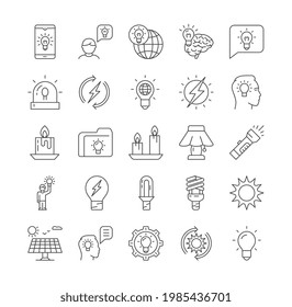 Line set of glowing icons. Collection of Idea, candles, lightbulb, incandescent light, innovation, candelabra. Collection of outlined flat cartoon vector illustrations isolated on white background