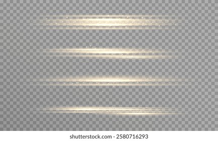 Line Set Glowing stripes. Laser beams. Golden glow of dust and glare. Flash of light. Vector graphics.