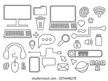 line set, graphic images of computers, the Internet, high-tech accessories in the form of doodles