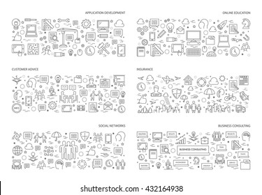 Line set of horizontal concepts for business consulting and insurance. Vector design landing pages for online education, social networks and application development.