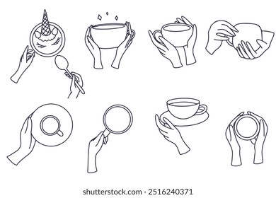 Conjunto de líneas ilustraciones de manos que sostienen tazas de bebida caliente, platillos y cuchara. Iconos del vector aislados en el fondo blanco.