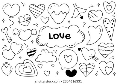 Line set Love in cartoon style. Beautiful black and white design set centered around a love theme, employing precise lines in the illustrations to convey romantic sentiments. Vector illustration.