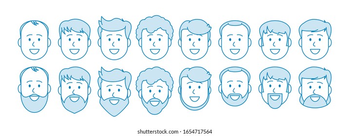 Line Set of people icons. Male characters. Men's faces with and without a beard. Change in appearance with age. Avatar for social networks, applications, web design. Vector illustration
