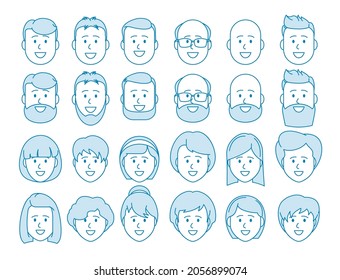 Line Set of people icons. Male and Female characters. Men's and women's faces. Avatar for social networks, applications, web design. Vector illustration