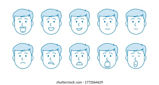 Line Set of people icons. Young Male character with different emotions. men s faces express joy, sadness, smile, discontent, boredom. Avatar for social networks, applications, web. Vector illustration
