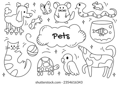 Line set Pets in cartoon design. Set of captivating black and white pet illustrations, thoughtfully designed with lines to depict the lovable nature of a variety of pets. Vector illustration.