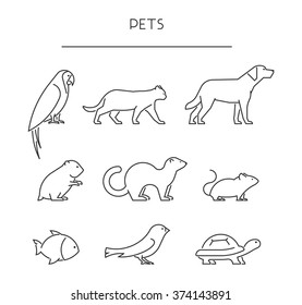 Line set of pets. Linear silhouettes animals. Vector icons parrot, cat, dog, labrador, hamster, ferret, mouse, fish, canary and turtle.