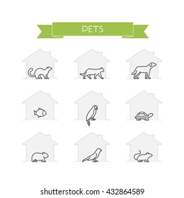 Line set of pets. Vector outline silhouettes domestic animals. Outline ferret, cat, dog, fish, parrot, turtle, hamster, canary and mouse isolated on white. Open path.