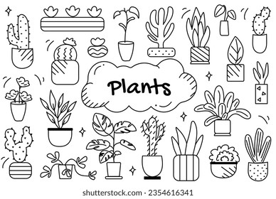 Line set Plants in cartoon style. Collection of black and white plant-themed illustrations, utilizing lines to emphasize variety of plant life in a sophisticated design. Vector illustration.
