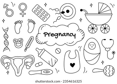 Line set Pregnancy in cartoon design. Black-and-white design set with pregnancy-themed illustrations, intricately crafted using fine lines to depict the journey of maternity. Vector illustration.