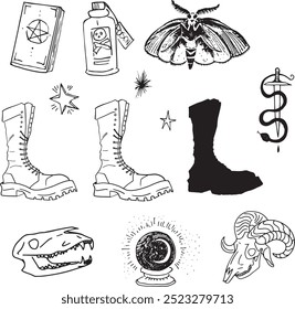 Line Set Witch item Halloween Clip art set drawing animal outline contour army boots silhouette moth potion bottle book Hand drawing design element illustration Occult Symbol graphic ink magic wand