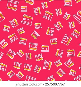 Line Sewing machine icon isolated seamless pattern on red background.  Vector