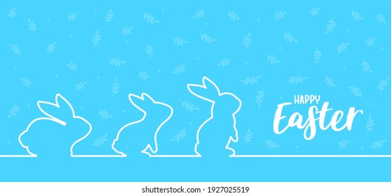 Line shadow of rabbit with simple Happy Easter text design on blue leaf pattern background.
