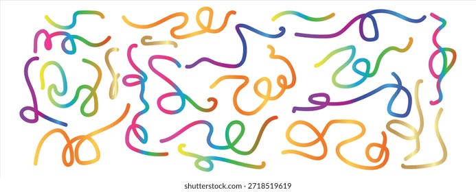 Line shape color gradient, abstract wave 3d element, fluid ribbon rainbow color, spiral dynamic kid doodle, colorful neon gradation fun curve isolated on white background. big set design Bright vector illustration
