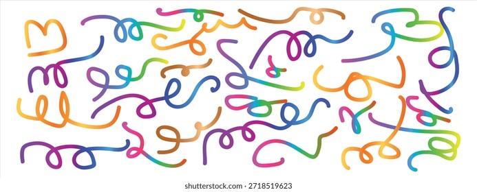 Line shape color gradient, abstract wave 3d element, fluid ribbon rainbow color, spiral dynamic kid doodle, colorful neon gradation fun curve isolated on white background. big set design Bright vector illustration