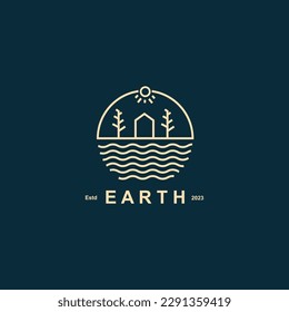 Concepto de tierra de forma de línea. Casa con árbol en el icono del agua. Ilustración vectorial.