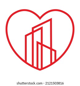 line shape love with skyscraper logo design, vector graphic symbol icon illustration