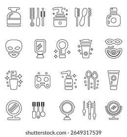Conjunto de ícones de composição de forma de linha. Incluindo ícone beleza, cosmética, moda, perfume, creme, agulha, frasco, pente, pincel vetor ilustração. Ícone de forma de cuidados com a pele para salão de beleza. 