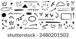 Line shape marker underline, arrow, heart brush element set. Hand drawn sketch marker underline shape, arrow, heart scribble brush pen stroke element. Crown, love graphic icon. Vector illustration