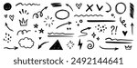 Line shape marker underline, arrow, heart brush element set. Hand drawn sketch marker underline shape, arrow, heart scribble brush pen stroke element. Crown, love graphic icon. Vector illustration