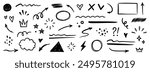 Line shape marker underline, arrow, heart brush element set. Hand drawn sketch marker underline shape, arrow, heart scribble brush pen stroke element. Crown, love graphic icon. Vector illustration